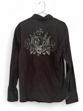 Y2K Public Opinion Distressed Pinstripe Graphic men’s shirt - Size L